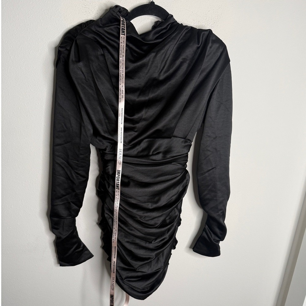 House of CB NEW Women's XS Black Giorgiana Satin Ruched Long Sleeve Mini Dress - Picture 3 of 7